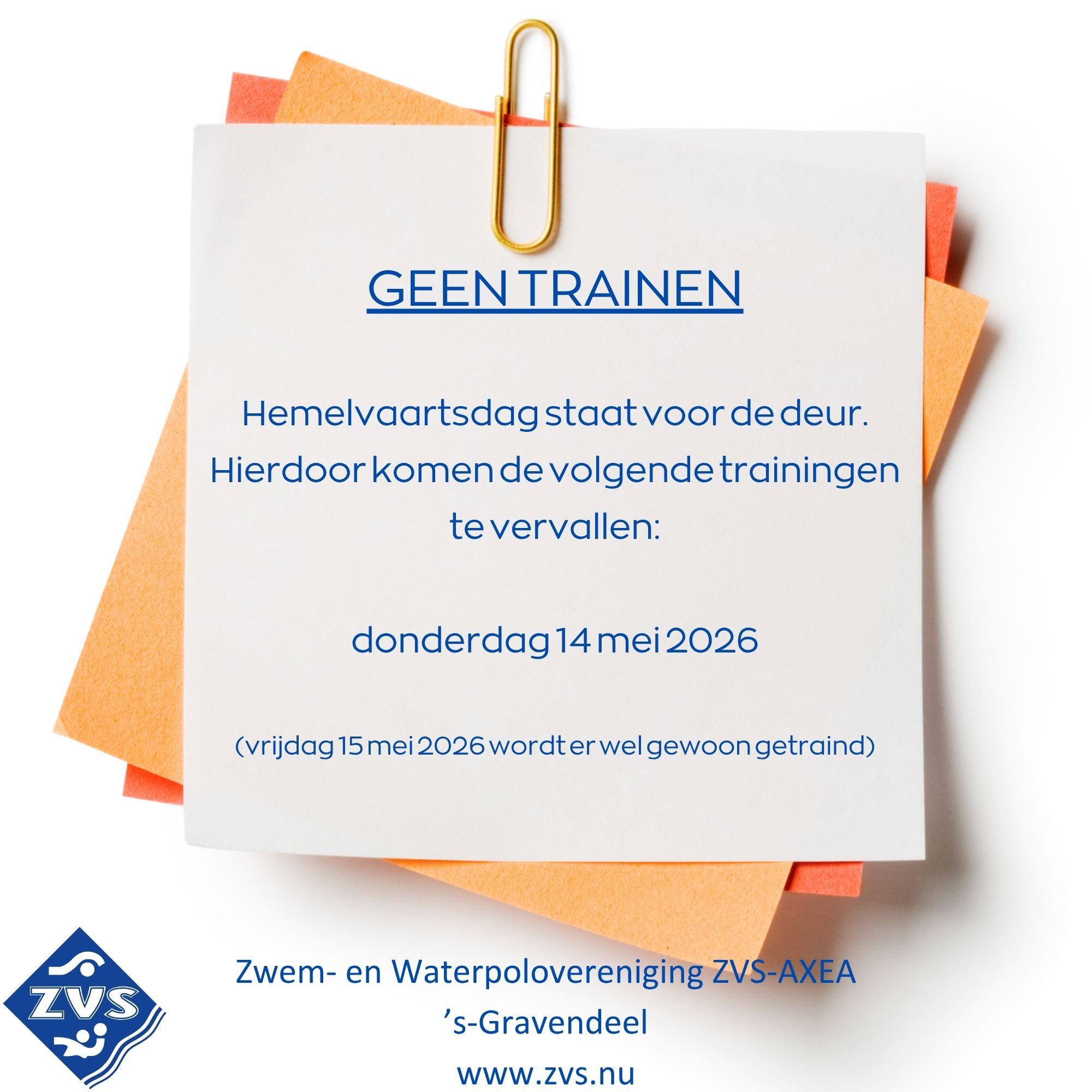 Hemelvaartsdag 2026 - geen trainen