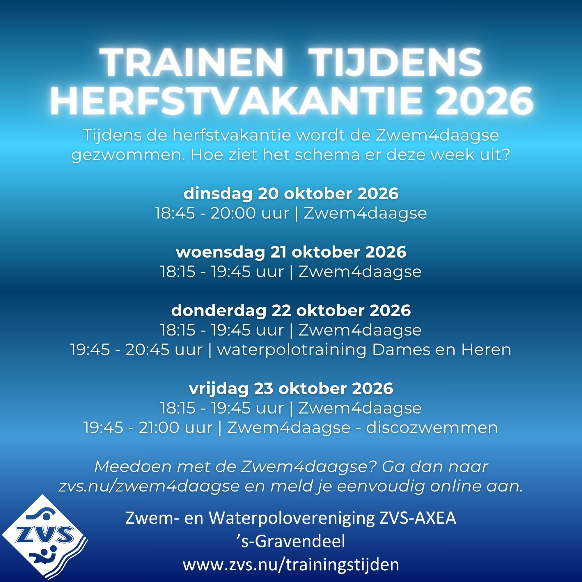 Herfstvakantie 2026 - trainen en de Zwem4daagse