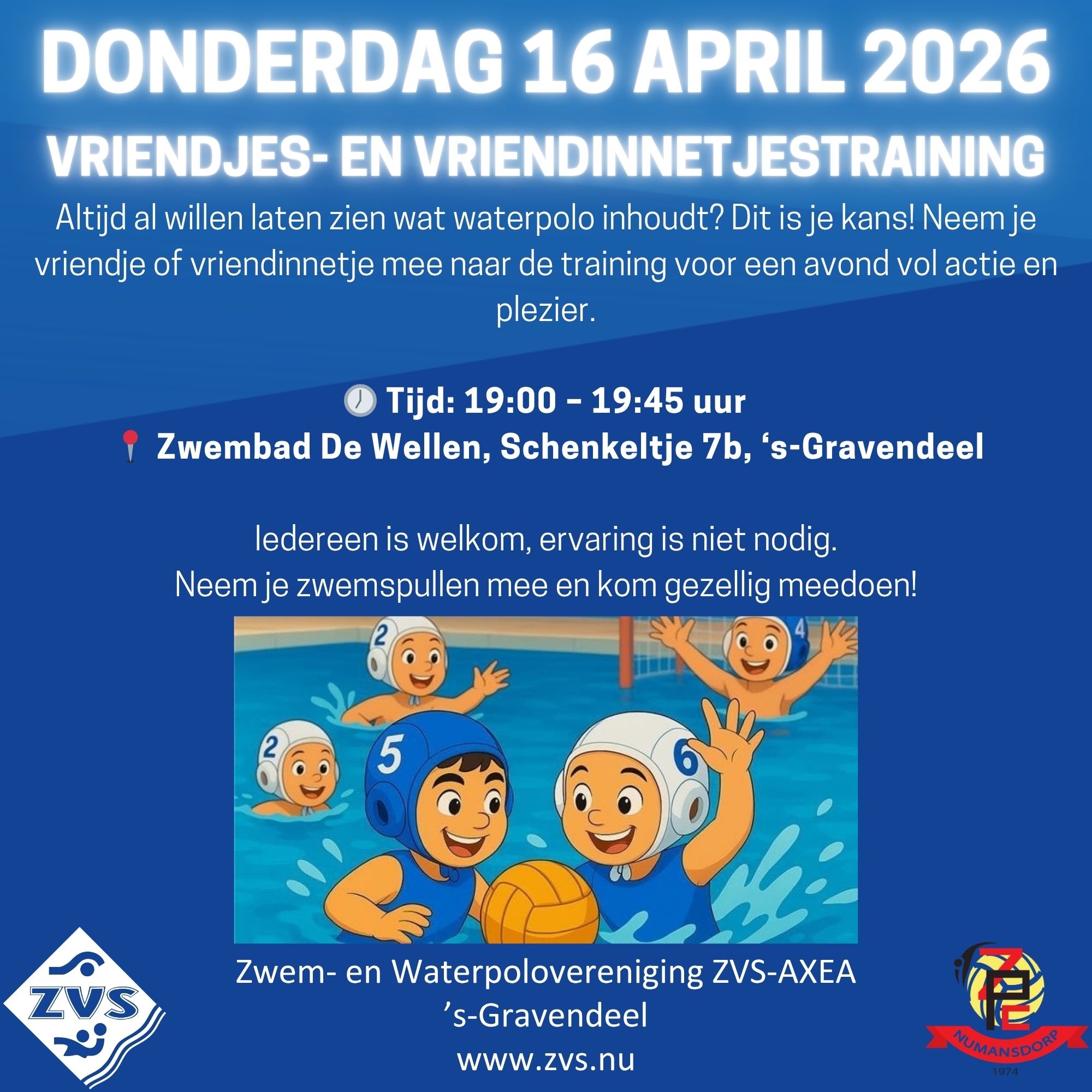 Vriendjes- en vriendinnetjestraining waterpolo 16 april 2026